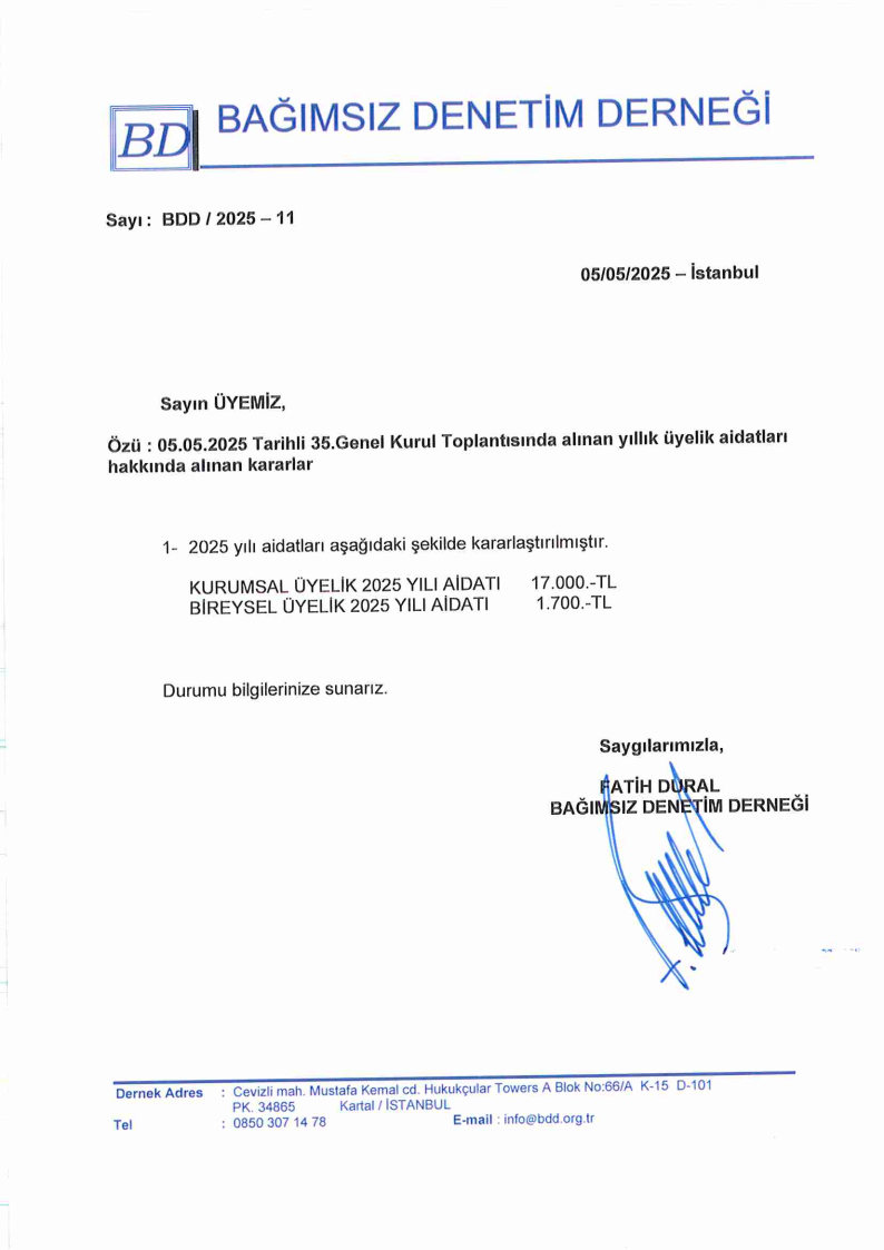 35. Genel Kurulda Toplantısında AlınanYıllık Üyelik Aidatları Hk. 